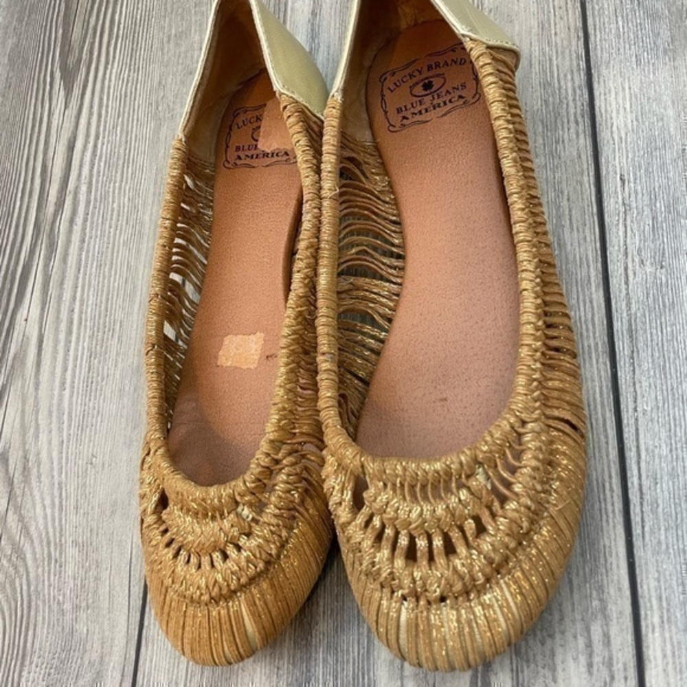 Lucky Brand Brown & Gold Macrame Woven Flats | Size 7.5